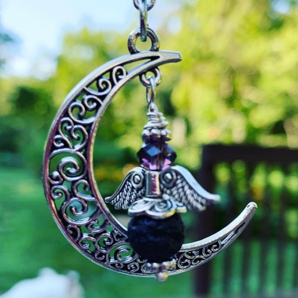 Crescent Moon Angel Necklace with Lava Stone